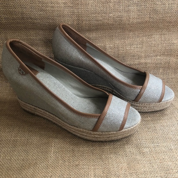 TORY BURCH Majorca Espadrille Wedge Sz 7.5/38 Peep Toe Beige Silver - Picture 3 of 10